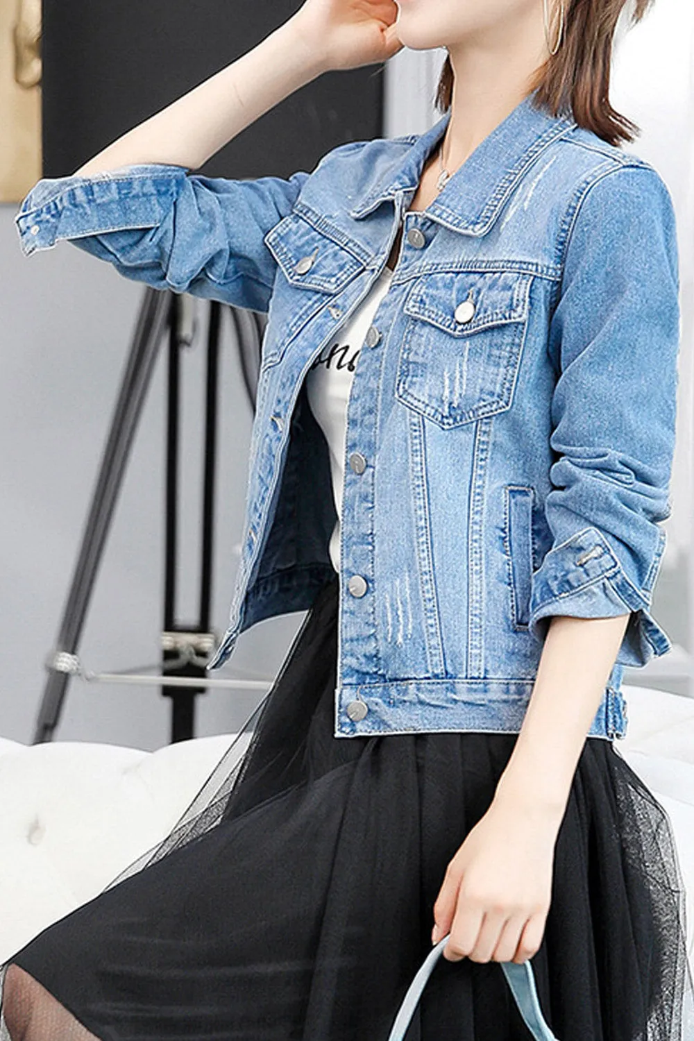 Women Outstanding Collar Neck Button Closure Smartly Stitched Fashionic Denim Jacket - WDMJK107084